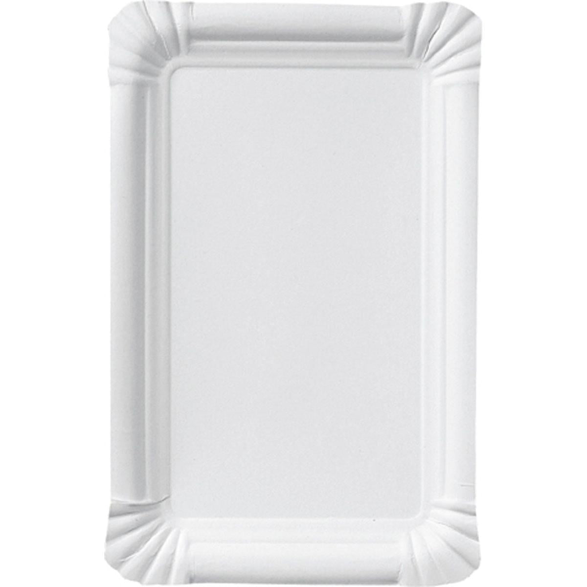 Jednoduchý obdĺžnikový tanier na klobásy 13x20 cm z kartónu od Duni GmbH s bielym papierom a vrúbkovaným okrajom leží prázdny na bielom podklade, orientovaný na výšku. Ideálne na catering, dostupné v balení po 250 kusov.