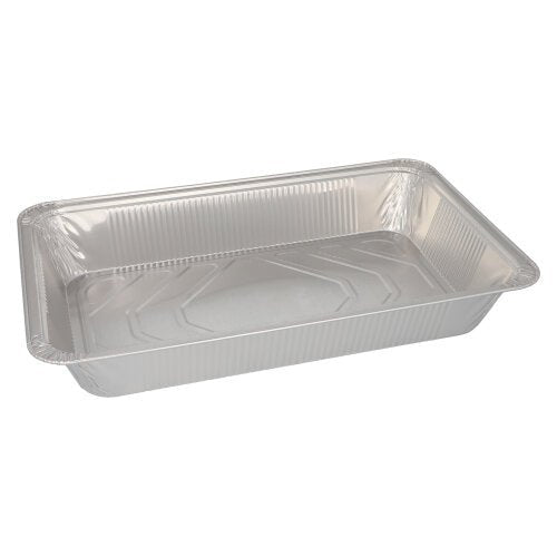 Pravouhlá Starpak 3 Gastronorm nádoba, jednorazová hliníková forma na pečenie (8,5 l, 8 cm x 32,6 cm x 52,7 cm), prázdna so zvýšenými okrajmi a plochým dnom na jednoduchom bielom pozadí.