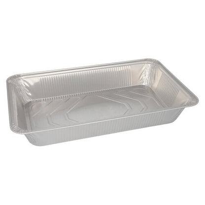 Pravouhlá Starpak 3 Gastronorm nádoba, jednorazová hliníková forma na pečenie (8,5 l, 8 cm x 32,6 cm x 52,7 cm), prázdna so zvýšenými okrajmi a plochým dnom na jednoduchom bielom pozadí.