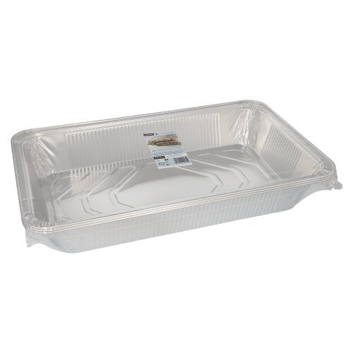 Starpak 3 Gastronorm nádoba je pravouhlá jednorazová nádoba z hliníkovej fólie (8,5 l, 8 cm x 32,6 cm x 52,7 cm) so zvýšeným okrajom a produktovým štítkom na vnútornej strane, ktorá je prázdna zobrazená na jednoduchom bielom pozadí (3 kusy, zapečatené).