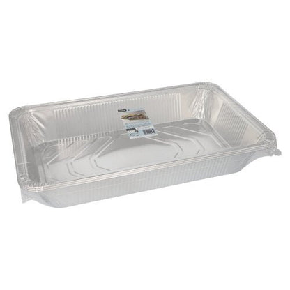 Starpak 3 Gastronorm nádoba je pravouhlá jednorazová nádoba z hliníkovej fólie (8,5 l, 8 cm x 32,6 cm x 52,7 cm) so zvýšeným okrajom a produktovým štítkom na vnútornej strane, ktorá je prázdna zobrazená na jednoduchom bielom pozadí (3 kusy, zapečatené).