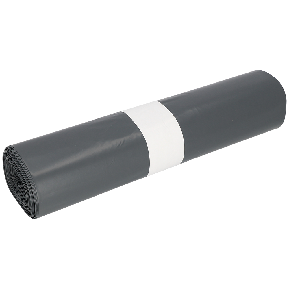 Abgebildet ist eine Rolle EMIL DEISS KG (GmbH + Co.) DEISS Müllsäcke 575x1000x0,07 mm aus Recycling-LDPE 70 l schwarz, gebündelt mit einer weißen Papierbanderole, auf einfarbig weißem Hintergrund.