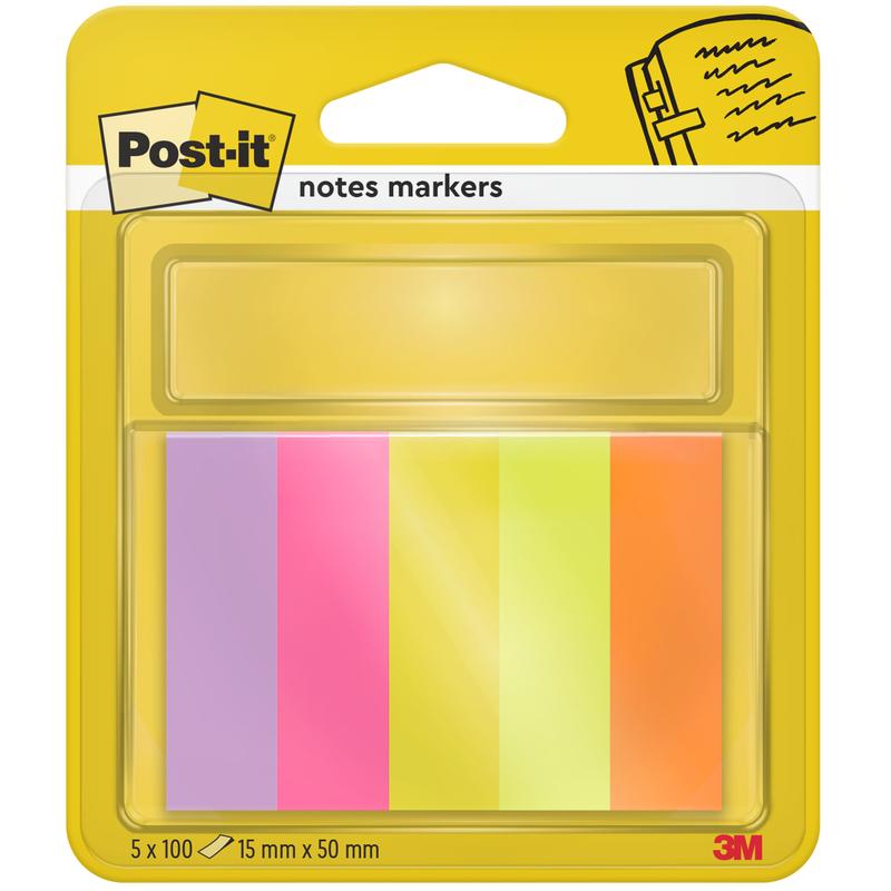 Balenie záložiek Post-it® Page Marker (3M Deutschland GmbH), 5 blokov v rôznych farbách (15 x 50 mm, 100 listov/blok), certifikované PEFC, SGSCH-PEFC-COC-110078, v priehľadnom plastovom obale so žltou a bielou zadnou stranou.