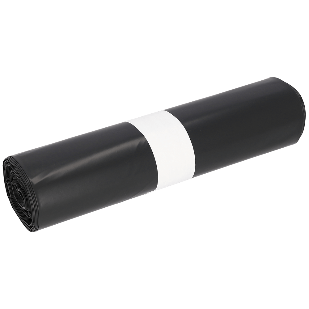 Abgebildet ist eine Rolle EMIL DEISS KG (GmbH + Co.) DEISS 15005 Müllsäcke schwarz, 700x1100x0,06 mm (25 Stück), mit einem weißen Papierband um die Mitte, auf einem einfarbig weißen Hintergrund.
