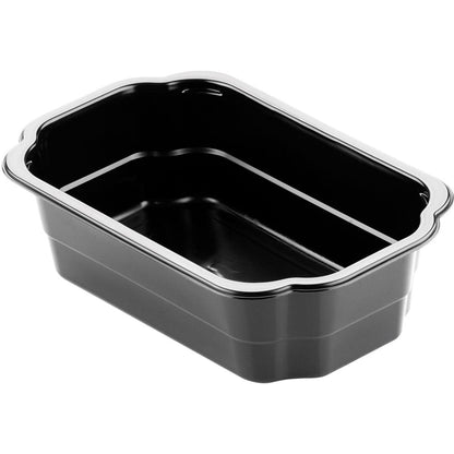PP miska Duni GmbH Take-Away Čierna PP 250x159 je čierny, obdĺžnikový jedálenský obal na odnesenie so zaoblenými hranami a lesklým povrchom, zobrazený prázdny na bielom pozadí.
