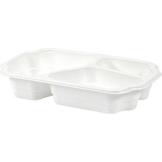 Die Duni GmbH PP-Schale Take-Away 250x159x48 mm in Weiß verfügt über drei Fächer, ideal für Snacks und Speisen zum Mitnehmen; wird als Packung mit 246 Stück geliefert und ist gewinkelt vor einem schlichten Hintergrund abgebildet.