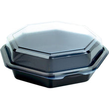 Ein geschlossener Octaview® (C&C Packung mit 127800) Schwarz/Transparent PS 190x190x60 Takeout-Container der Duni GmbH, abgebildet auf weißem Hintergrund. Packung mit 35 Stück.