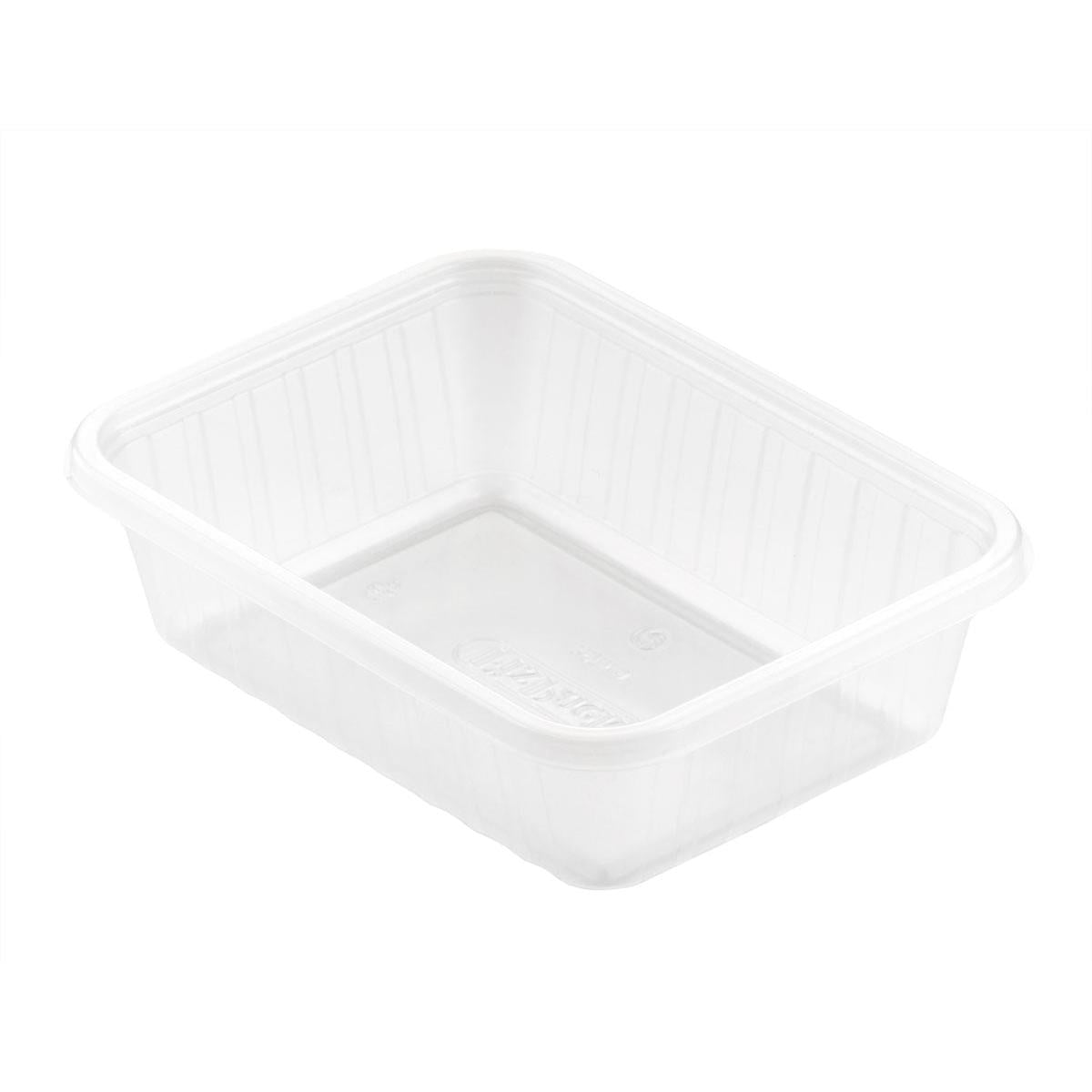Zobrazená je obdĺžniková transparentná PP 146x110mm úložná krabica Fixpack® od spoločnosti Duni GmbH s rebrovanými stranami a bez veka na bielom pozadí.