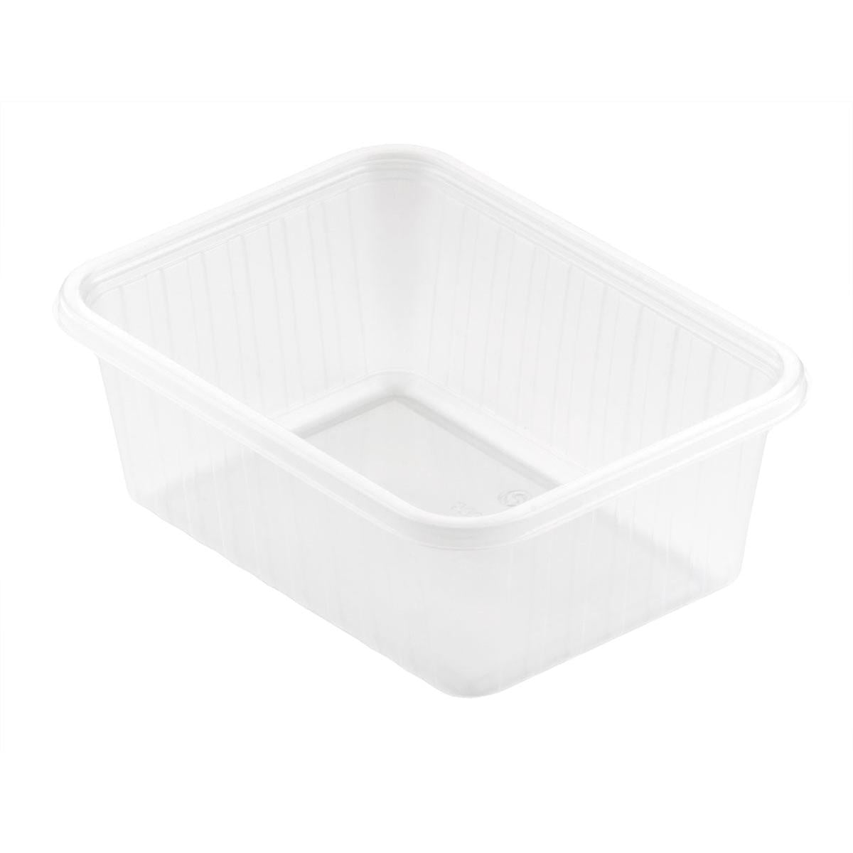 Obdĺžniková transparentná PP 146x110mm Fixpack® od spoločnosti Duni GmbH je obdĺžniková, číra úložná krabica s mierne zvýšenými okrajmi a hladkým povrchom. Prázdna nádoba stojí na bielom podklade a je hore otvorená.