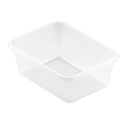 Obdĺžniková transparentná PP 146x110mm Fixpack® od spoločnosti Duni GmbH je obdĺžniková, číra úložná krabica s mierne zvýšenými okrajmi a hladkým povrchom. Prázdna nádoba stojí na bielom podklade a je hore otvorená.