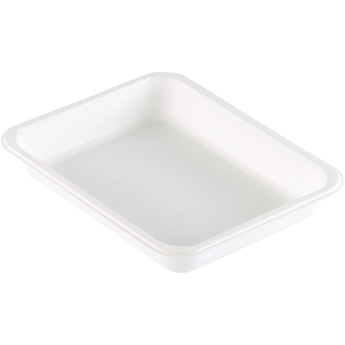 PP-miska Duni GmbH Caterline 1 Biela PP 227x178 je jednoduchá, obdĺžniková biela miska so zaoblenými rohmi a mierne zvýšenými okrajmi - ideálna pre potreby gastronómie alebo praktické cateringové balenie. Fotografia z vysokého uhla na bielom pozadí.