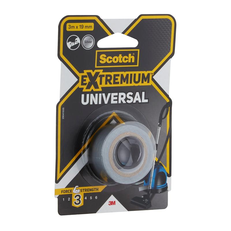 Balenie univerzálnej lepiacej pásky Scotch® Extremium™, 3 m x 19 mm od 3M Deutschland GmbH, v striebornej farbe, s nápisom na rolke pásky, pevnostnou úrovňou 3 z 6 a logom značky 3M v dolnej časti.