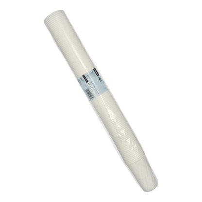 Zapečatený stoh Starpak 100 pohárov na pitie z bieleho PP, obalený priehľadnou plastovou fóliou so stredovým čiarovým kódom – ideálny na podujatia.