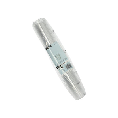 Stoh pohárov Starpak 50, PS číre, s objemom 0,2 l je zabalený v plastovom obale s bielo-modrou etiketou s informáciami o produkte a čiarovým kódom.