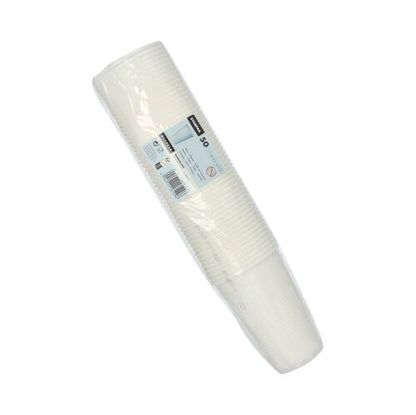 Plastový balík s 50 bielymi pohármi Starpak 0,5L PP (Ø 9,5 cm · 13,7 cm) s okrajom z peny a informáciami o produkte na obdĺžnikovom štítku, ktorý je pripevnený k obalu.