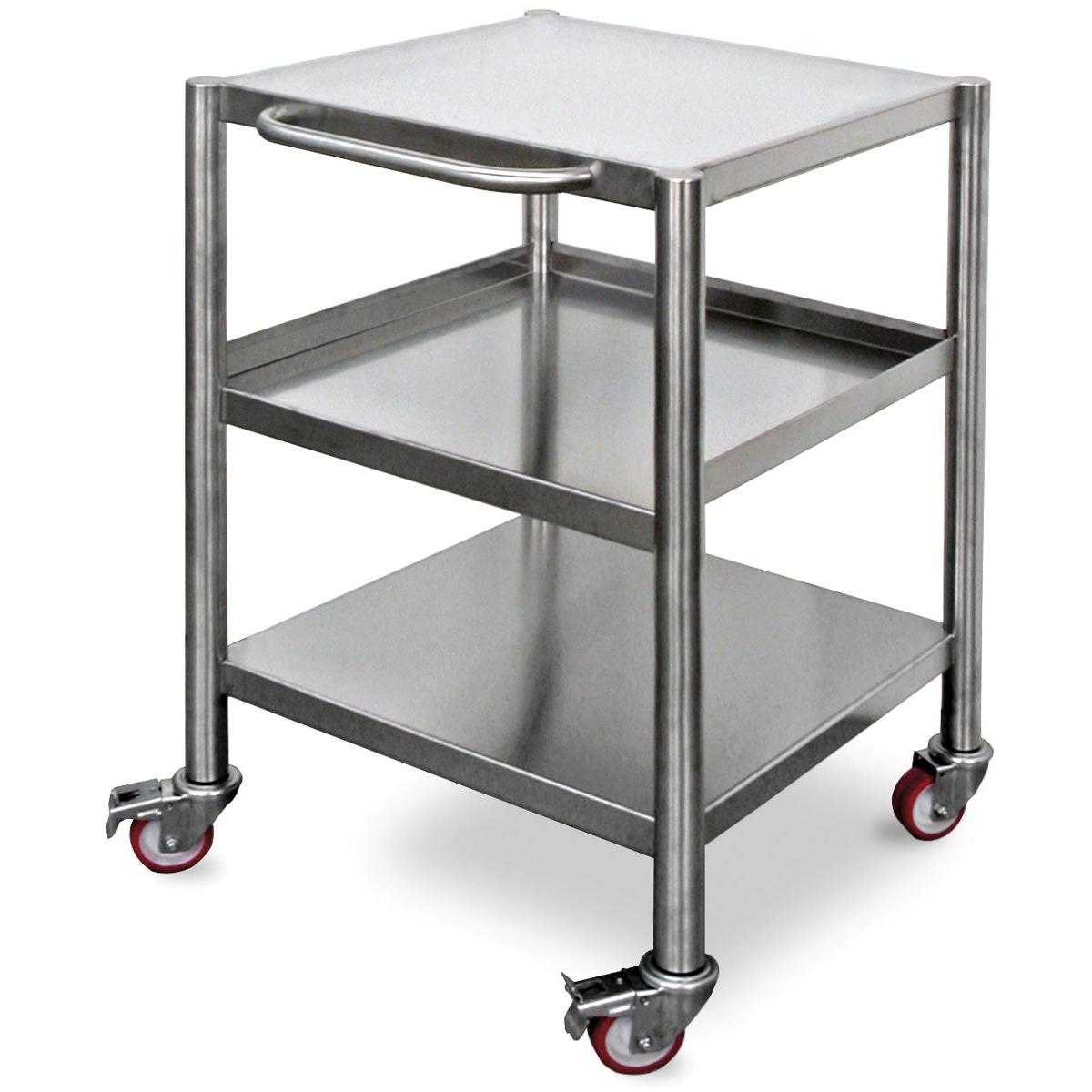 Der Duni GmbH Trolley für DF22/22F/32/32F v striebornej nehrdzavejúcej oceli (600x600x800mm, 1 kus) má tri police, bočnú rukoväť a štyri otočné kolieska - dve z nich s brzdami - pre efektívny transport v elegantnom priemyselnom dizajne.