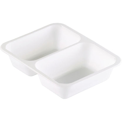 Miska Duni GmbH PP Caterline 2 biela PP 227x178 má dve obdĺžnikové priehradky, zaoblené rohy a bielu povrchovú úpravu – ideálny prázdny riad pre profesionálnu gastronómiu, tu zobrazený v uhle.