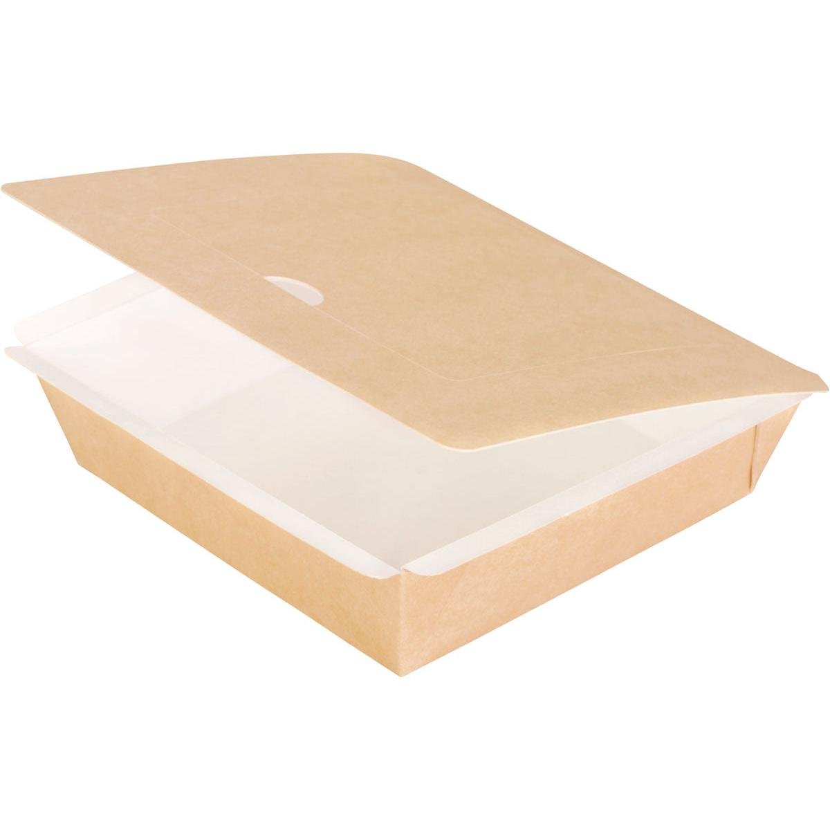 Svetlohnedá kartónová škatuľa, štvorcová, L 165x165x45 mm z hnedého kartónu/PE od Duni GmbH stojí prázdna s napoly otvoreným vekom a bielym vnútrom na bielom pozadí. Balenie obsahuje 250 kusov.