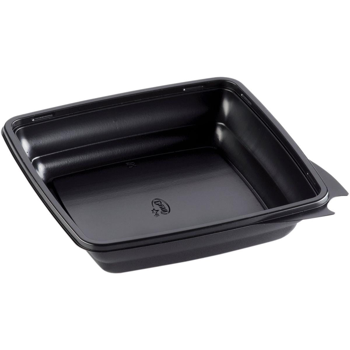 Duni GmbH Menubox, štvorcová, čierna z PP (197x197x44 mm), balenie s 450 kusmi, so zaoblenými rohmi a mierne zvýšeným okrajom, je zobrazená ako čierna plastová miska na potraviny šikmo na bielom pozadí.