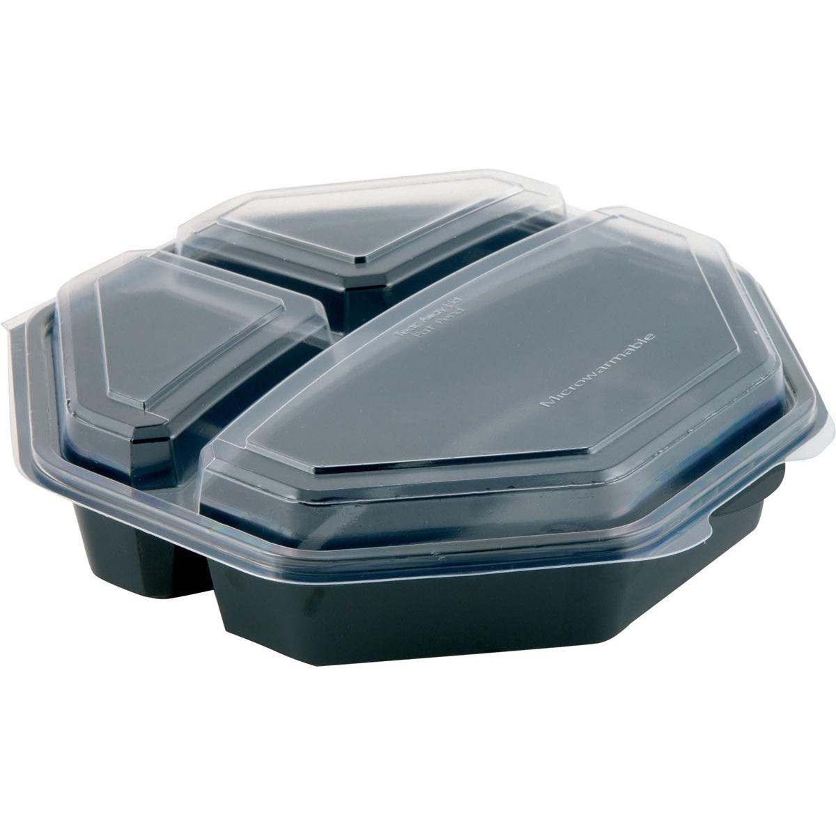 Der Duni GmbH Octaview® (C&C Packung mit 149872) ist ein schwarzer PS-Lebensmittelbehälter mit 3 Fächern und transparentem Deckel, Größe 230x230x60 mm, leer auf weißem Hintergrund abgebildet. Die Packung enthält 30 Stück.