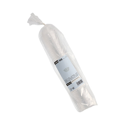 Zapečatené plastové balenie so 100 priehľadnými Starpak miskami na dressing, PS, okrúhle, 50 ml (Ø 6,7 cm x 2,7 cm), naskladané s bielo-modrou etiketou - ideálne na použitie v gastronómii alebo ako pohár na dressing.