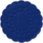 Okrúhly, tmavomodrý podšálka (Ø 7,5 cm) od spoločnosti Duni GmbH s vlnitým okrajom a bodkovým vzorom, zobrazený zhora na bielom pozadí. Dostupný ako 8-dielna sada alebo ako balenie po 250 kusoch na nápoje.