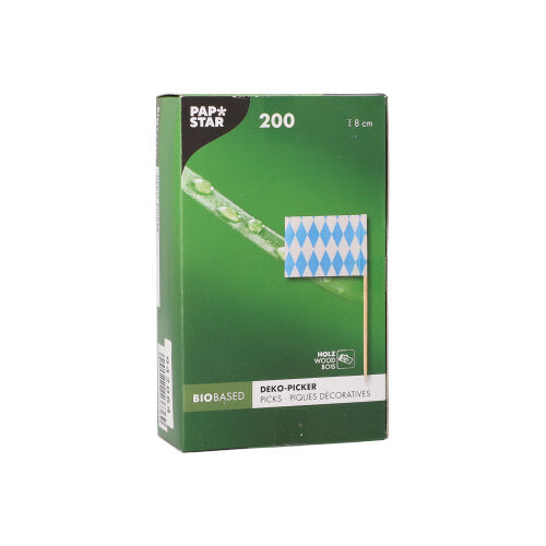Zelená krabica od PAPSTAR GmbH s nápisom „PAPSTAR 200 Deko-Picker 8 cm“ obsahuje biobázované špáradlá, každé s modro-bielou kosoštvorcovou vlajkou – perfektné na prezentáciu fingerfood. Balenie obsahuje viacjazyčné detaily produktu.