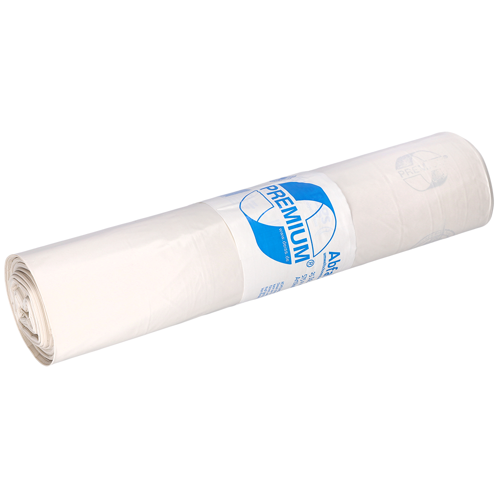 Eine Rolle EMIL DEISS KG (GmbH + Co.) Müllsäcke, Modell DEISS 16709, 575x1000 mm, weiß mit "PREMIUM" auf dem Etikett. Die Packung enthält 25 Stück.