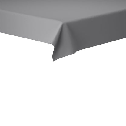 Záber ukazuje roh obdĺžnikového stola, ktorý je pokrytý jednofarebným sivým obrusom Evolin 127 x 127 cm od Duni GmbH, pričom je jasne viditeľný ako okraj stola, tak aj látka.