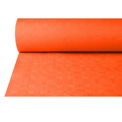 Čiastočne odvinutý PAPSTAR Papierová obrus s damaskovým reliéfom (50 m x 1 m) od PAPSTAR GmbH v žiarivej oranžovej farbe s jemným vzorom štvorcov a čiar, ideálne na slávnostné príležitosti. Zobrazené na jednoduchom bielom pozadí.