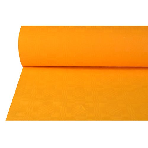 Papierová obrus s damaskovým reliéfom (50 m x 1 m) od PAPSTAR GmbH v žiarivej oranžovej farbe, čiastočne odvinutá na bielom pozadí, má hladký povrch s elegantným reliéfom – ideálna na slávnostné príležitosti.