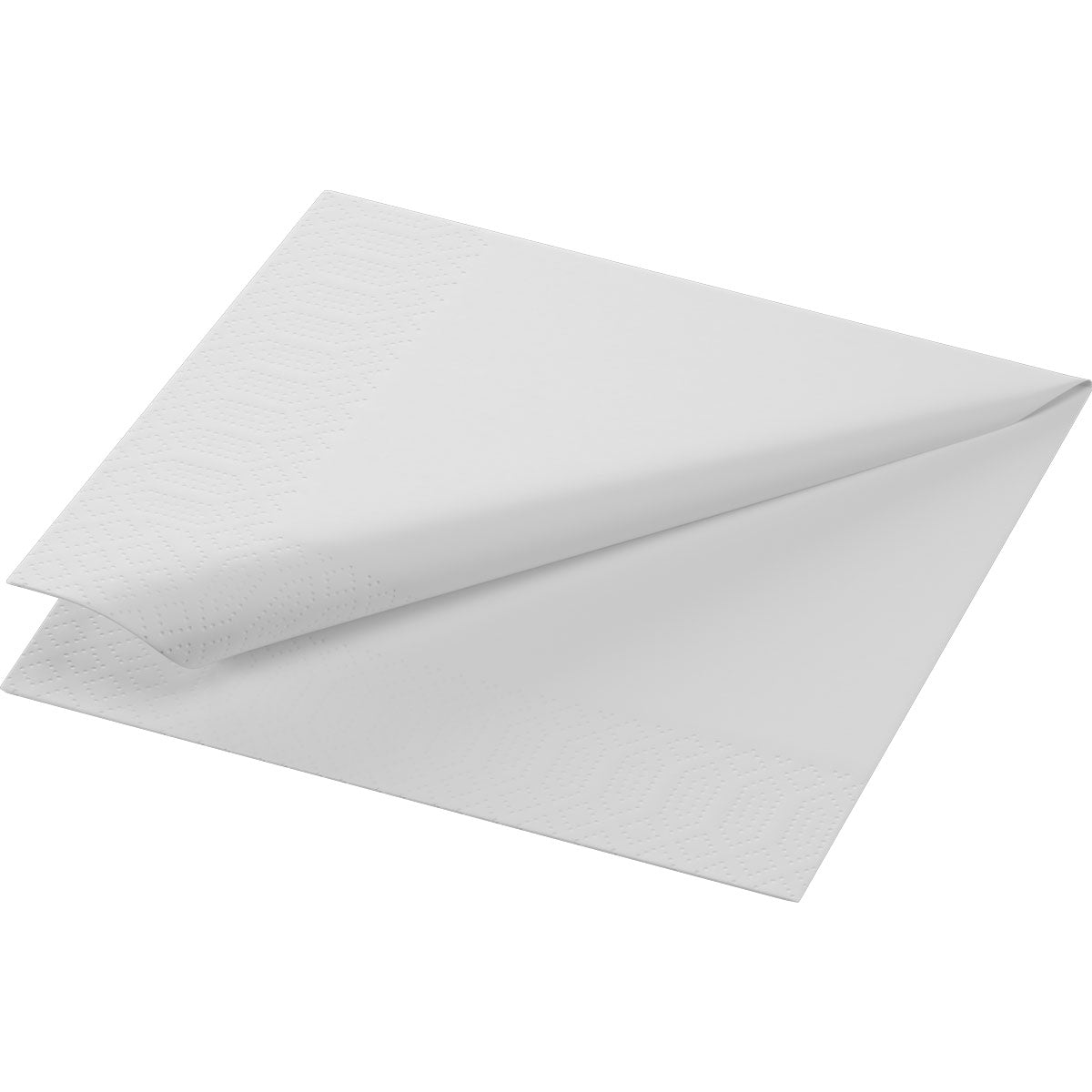 Jedna jednotlivá servítka Duni GmbH (24x24 cm, 2-vrstvová, biela) z balenia 300 kusov je diagonálne zložená a ukazuje jemnú okrajovú štruktúru na jednoduchom bielom pozadí.