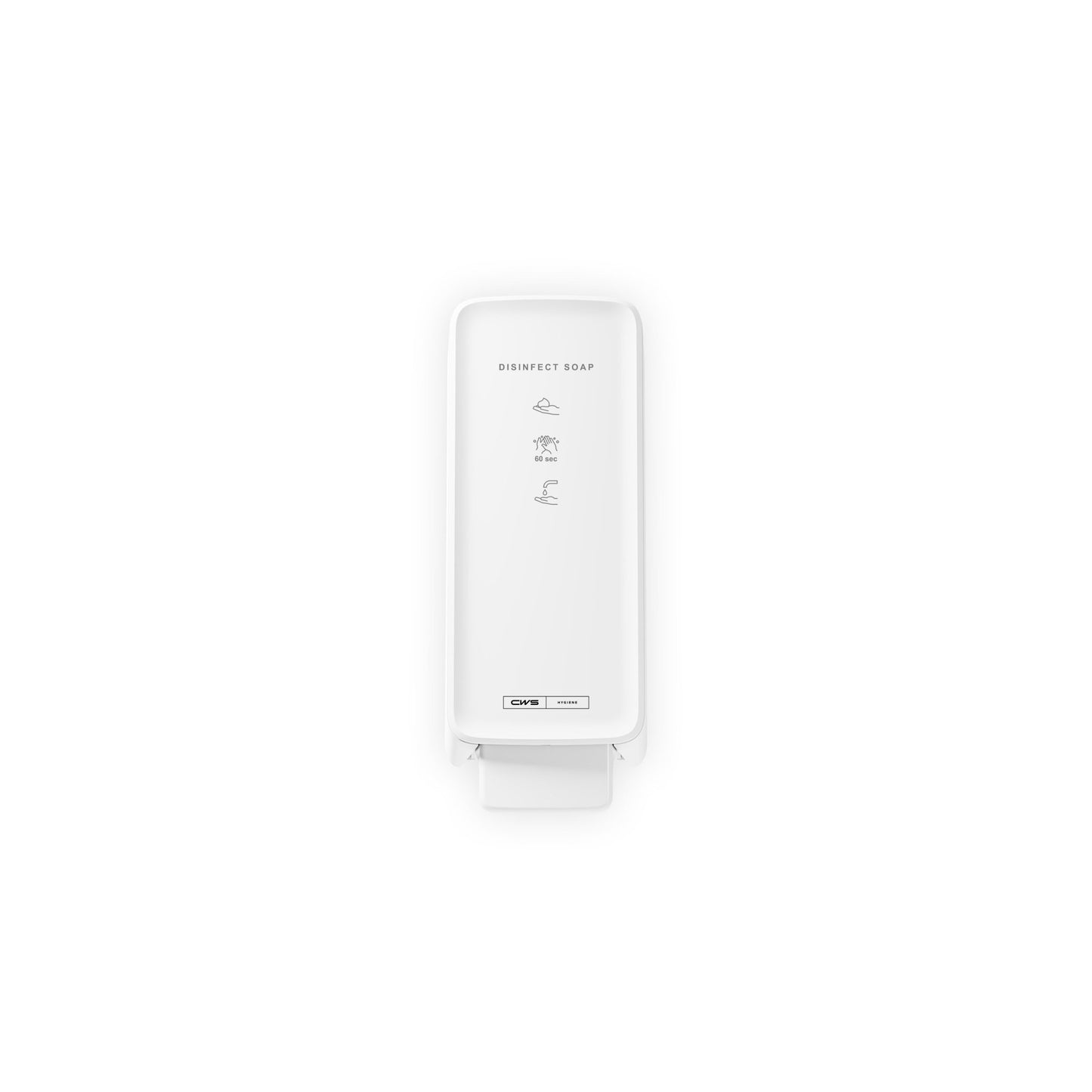 Dávkovač CWS PureLine Disinfect Foam od CWS je biele, na stenu montované zariadenie s nápisom "DISINFECT SOAP", ktoré dávkuje dezinfekčnú penu vo forme peny, s jednoduchými symbolmi na umývanie rúk a vypínačom na efektívnu dezinfekciu.