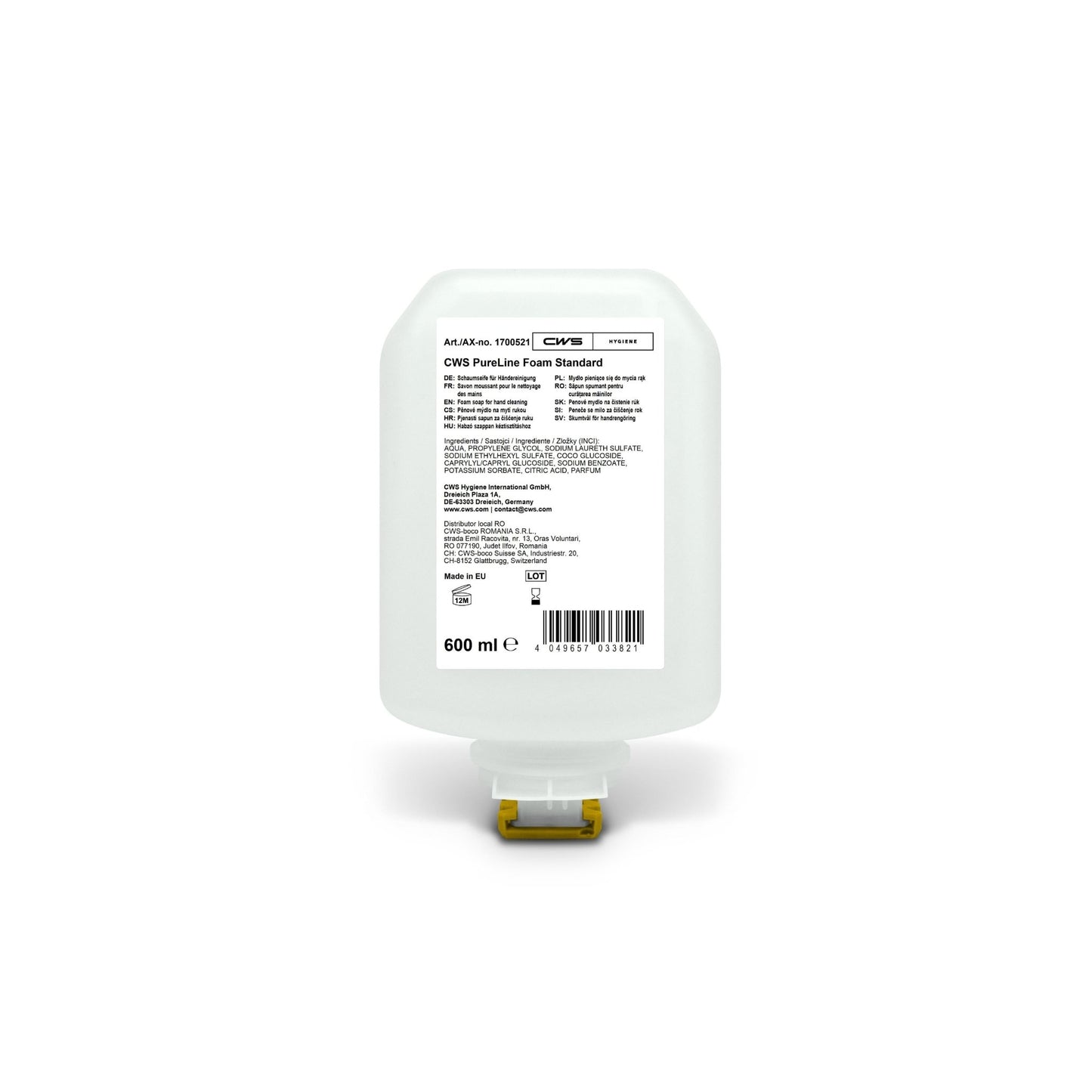CWS PureLine Foam Standard 600 ml je priehľadná náhradná kazeta pre dávkovače penového mydla, ktorá má biely štítok s údajmi, zložkami a čiarovým kódom, ako aj žltú spodnú trysku. Značka: CWS.