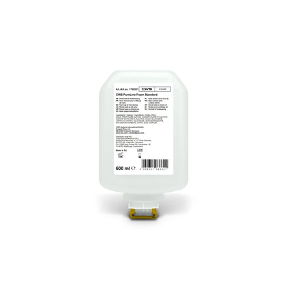 CWS PureLine Foam Standard 600 ml je priehľadná náhradná kazeta pre dávkovače penového mydla, ktorá má biely štítok s údajmi, zložkami a čiarovým kódom, ako aj žltú spodnú trysku. Značka: CWS.