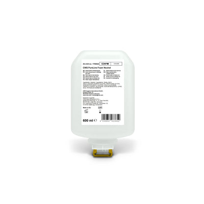 600 ml fľaša CWS PureLine Foam Standard tekutého mydla od CWS s predným štítkom s údajmi, zložkami a čiarovým kódom, ako aj žltou dávkovacou tryskou - ideálna pre každý dávkovač penového mydla na zabezpečenie optimálnej hygieny rúk.