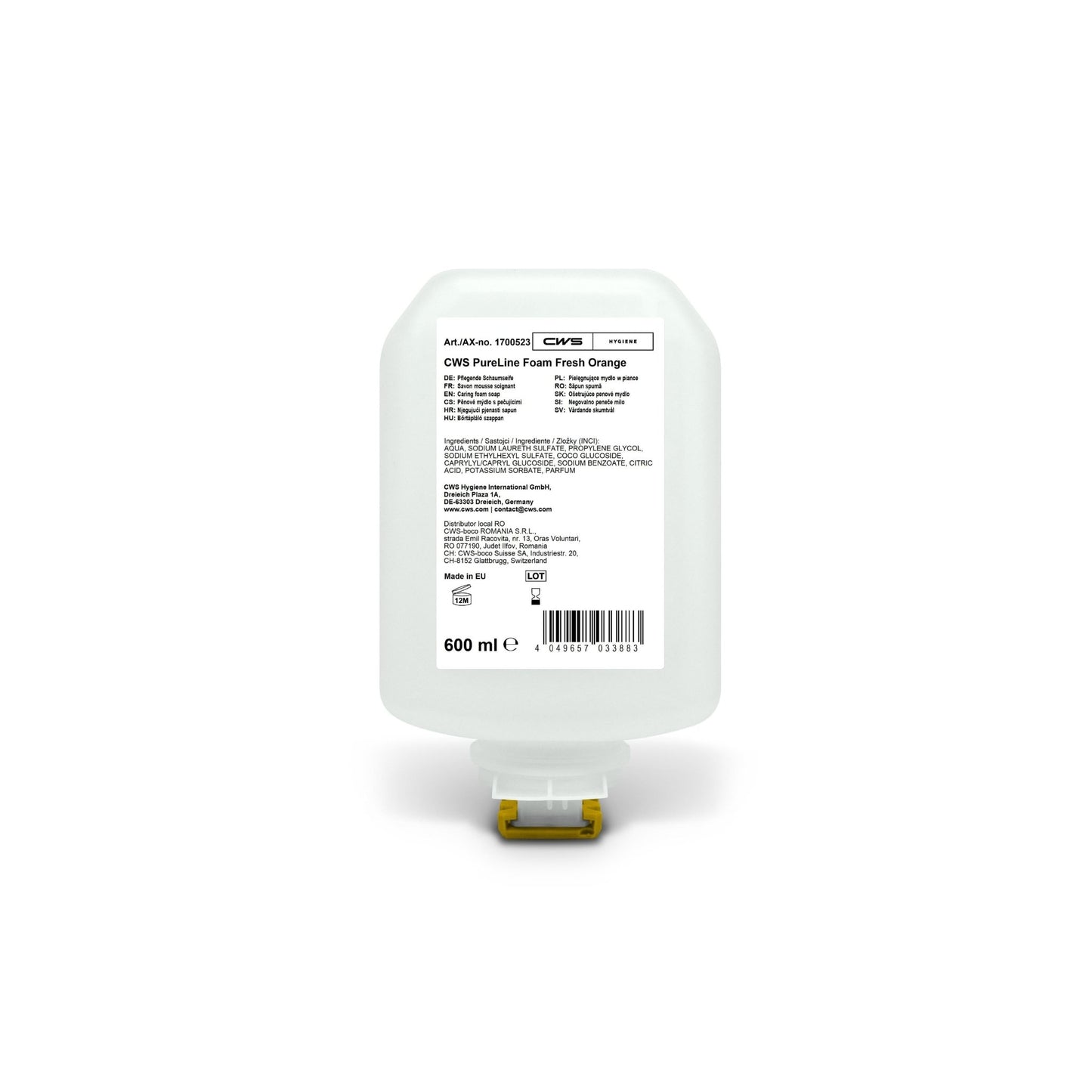 600 ml náhradná kazeta pre CWS PureLine Foam Standard dávkovač hygieny rúk, označená s údajmi o produkte a zoznamom zložiek v niekoľkých jazykoch na bielom pozadí.