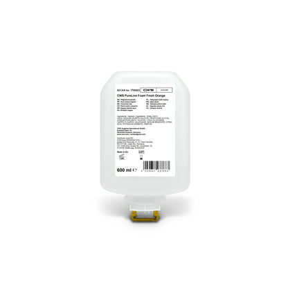 600 ml náhradná kazeta pre CWS PureLine Foam Standard dávkovač hygieny rúk, označená s údajmi o produkte a zoznamom zložiek v niekoľkých jazykoch na bielom pozadí.