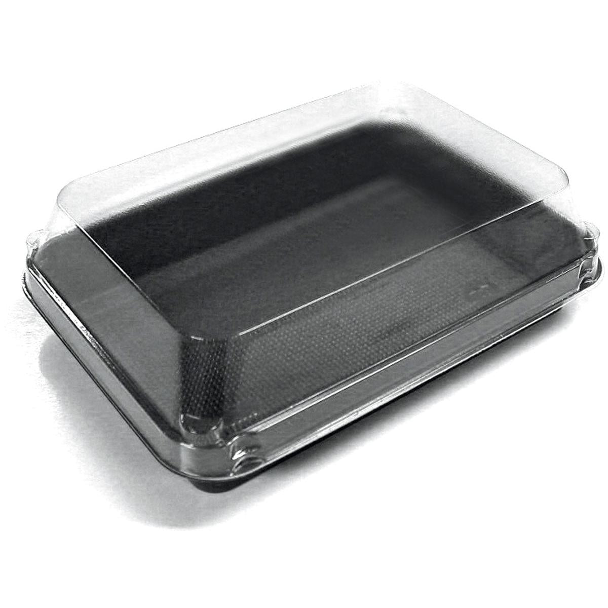 Die Duni GmbH Lunchbox Schwarz / Transparent PS 185x135x54 (Packung à 200 Stück) ist ein klarer, rechteckiger Klappdeckel-Behälter, der sich ideal zum Verpacken von Backwaren oder Salaten to-go eignet und leer auf einer weißen Fläche abgebildet ist.