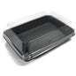 Duni GmbH Lunchbox Čierna / Transparentná PS 185x135x54 (balenie po 200 kusov) je priehľadná, obdĺžniková nádoba s klapkovým vekom, ktorá je ideálna na balenie pečiva alebo šalátov na cestu a je zobrazená prázdna na bielej ploche.