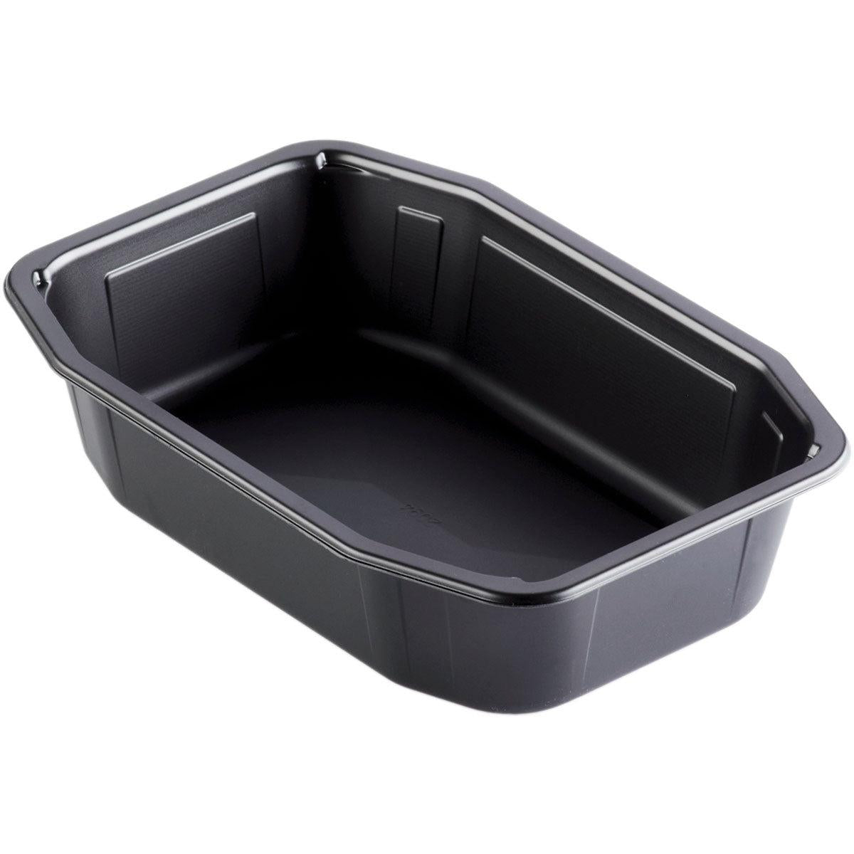PP miska HMR Čierna PP 215x148 od Duni GmbH, obdĺžniková s naklonenými stranami a plochým dnom, je zobrazená v čiernej farbe na bielom pozadí.