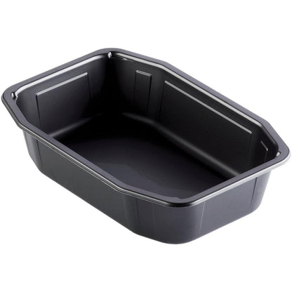PP miska HMR Čierna PP 215x148 od Duni GmbH, obdĺžniková s naklonenými stranami a plochým dnom, je zobrazená v čiernej farbe na bielom pozadí.