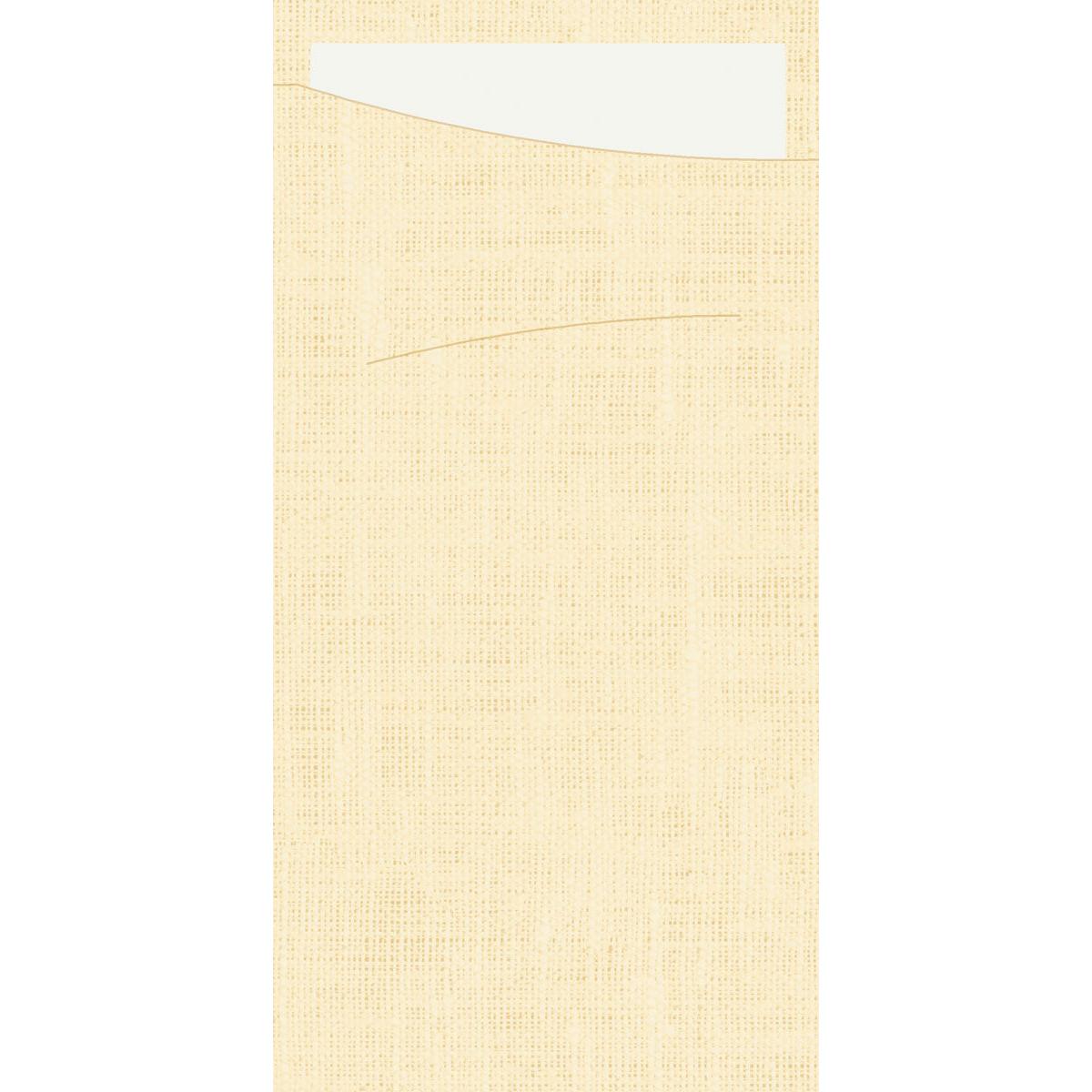 Krémovo sfarbený textúrovaný Sacchetto Dunisoft 230 x 115 mm od Duni GmbH s viditeľnou taškou a bielou kartou, ideálny na darčekové balenie alebo ako papierové vrecko.