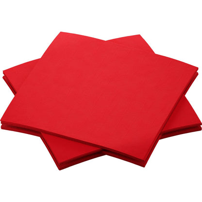 Tri stohy žiarivo červených Dunisoft obrúskov 20 x 20 cm od Duni GmbH sa prekrývajú na bielom pozadí a ukazujú svoj štýlový, štvorcový dizajn.