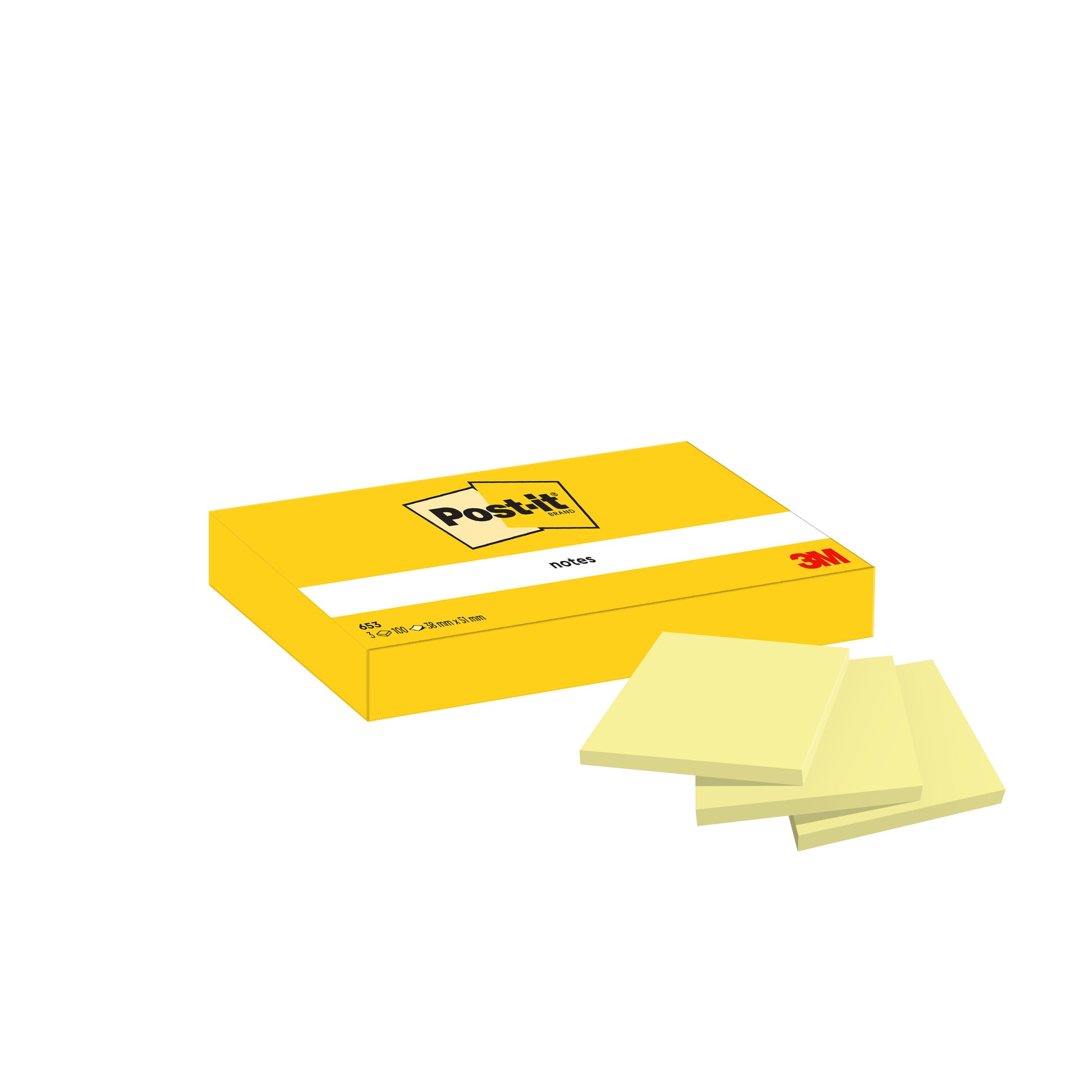 Ein Karton Post-it® Notes, Gelb, 38 x 51 mm, 100 Blatt/Block, 3 Blöcke/Packung (3M Deutschland GmbH), ist neben drei einzelnen gelben Blöcken auf weißem Hintergrund abgebildet.