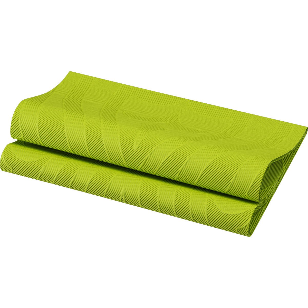 Balenie obrúskov Elegance 40x40 cm v Lily Kiwi od Duni GmbH v žiarivej zelenej farbe a vysokokvalitnom dizajne je čiastočne zložené na bielom pozadí.