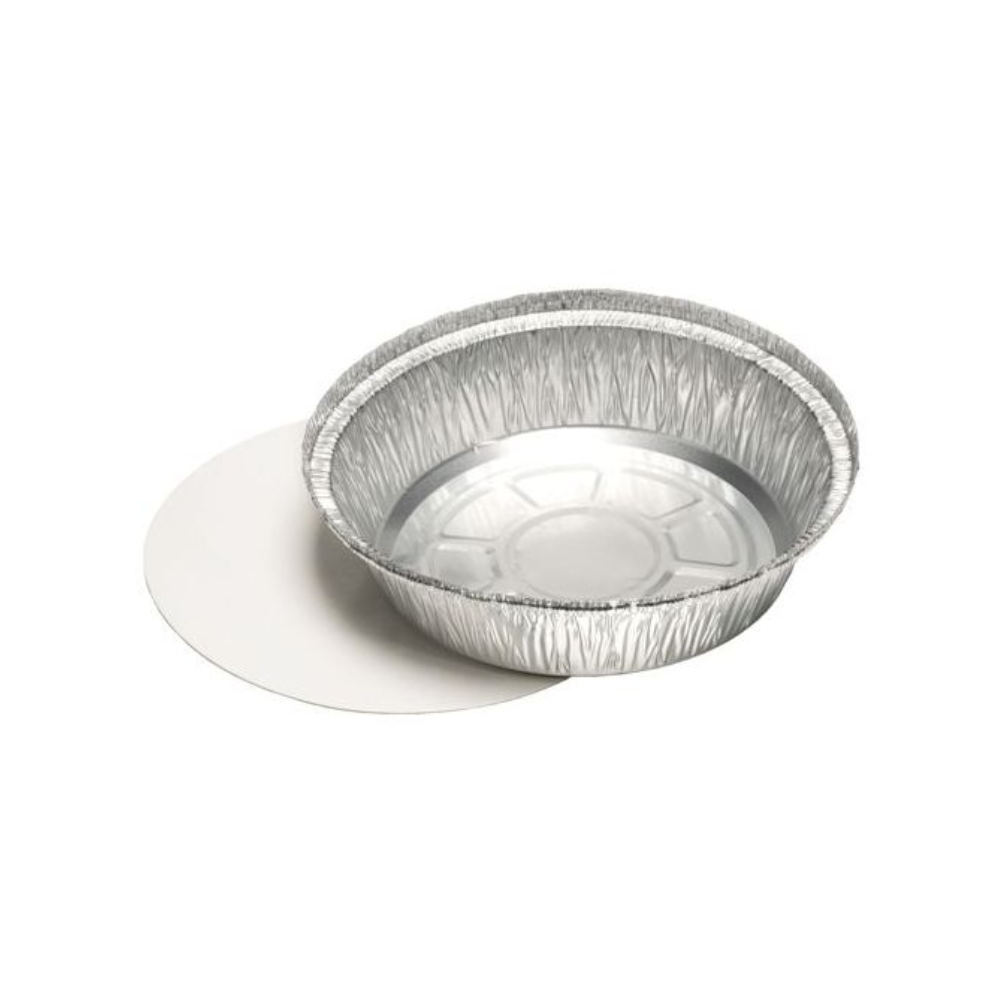 Pekáč Starpak 25, hliník + vkladacie viečko, PP-pokrytý s vhodným plochým kartónovým viečkom stojí v blízkosti na jednoduchej bielej ploche.