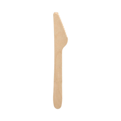 Jeden PAPSTAR drevený nôž „pure“ (16,5 cm), ekologický a stabilný, so zúbkovanou hranou od PAPSTAR GmbH - zobrazený jednotlivo pred bielym pozadím.