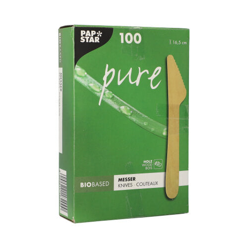 Zelená škatuľa PAPSTAR GmbH s nápisom „Holzmesser pure“ obsahuje 100 ekologických, stabilných jednorazových drevených nožov (16,5 cm), v skladacej škatuli s vyobrazením noža a viacjazyčným textom.