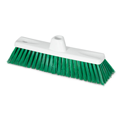 Der Nölle Profi Brush HACCP Feinbesen 30 cm von Nölle Profi Brush Bürsten- & Pinseltechnik e.K. ist ein weißer Kunststoffbesen mit grünen Kunststoffborsten, abgebildet ohne Stiel auf weißem Grund.